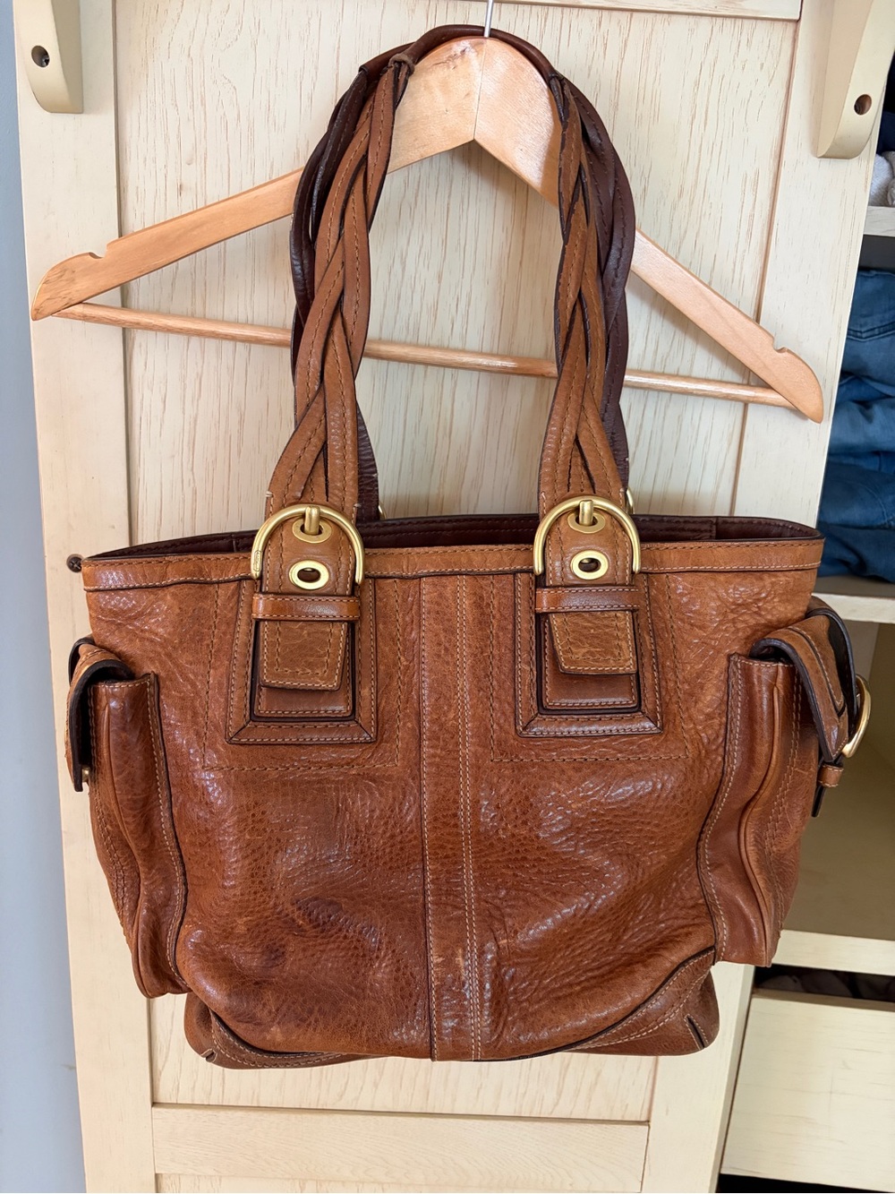 Coach Brown Leather Shoulder Tote with Braided Handles